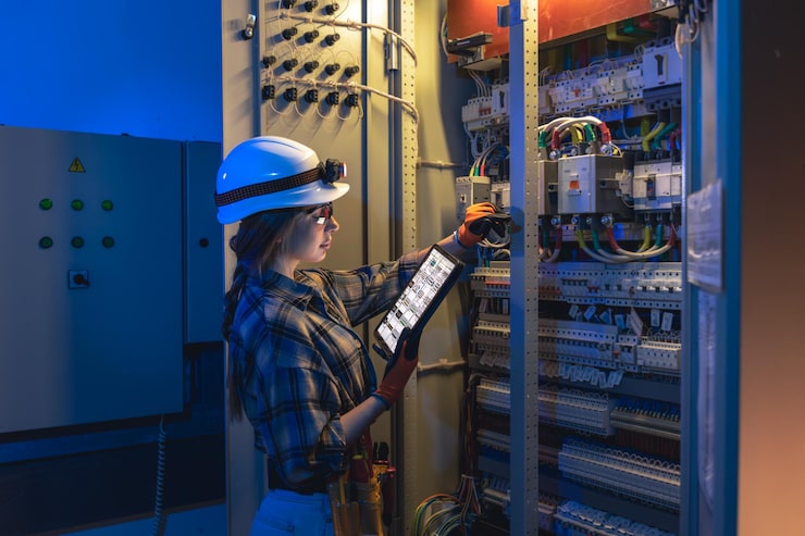woman-electrician-audits-switchgear-with-tablet-smart-maintenance_